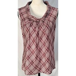 Talbots Silk Blouse Top Shirt Sleeveless Plaid Red White Black Cowl Neck